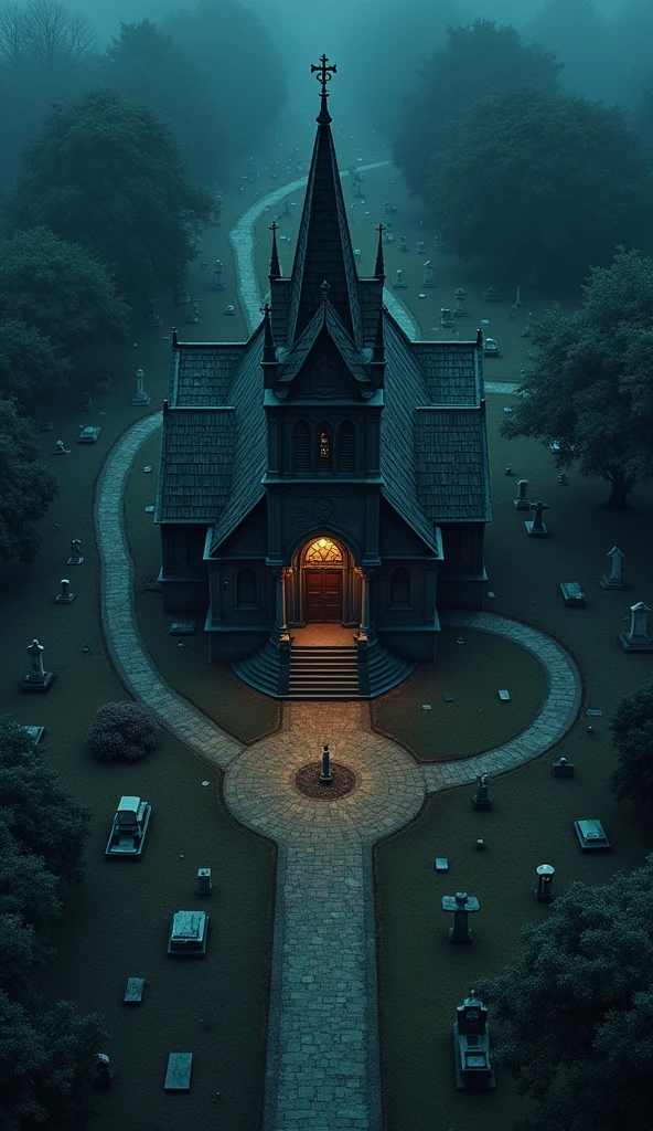 vampire the masquerade, map rpg, ((a church, in a cemetery, many graves)), game art, birdseye straight top-down shot from a drone, battlemap, current modern theme, seen from above, role-playing game, empty location, nighttime environment, (with realistic proportions and textures, intricate details, handdrawn, vibrant, cinematic lighting, masterpiece, 8k:1.2)
