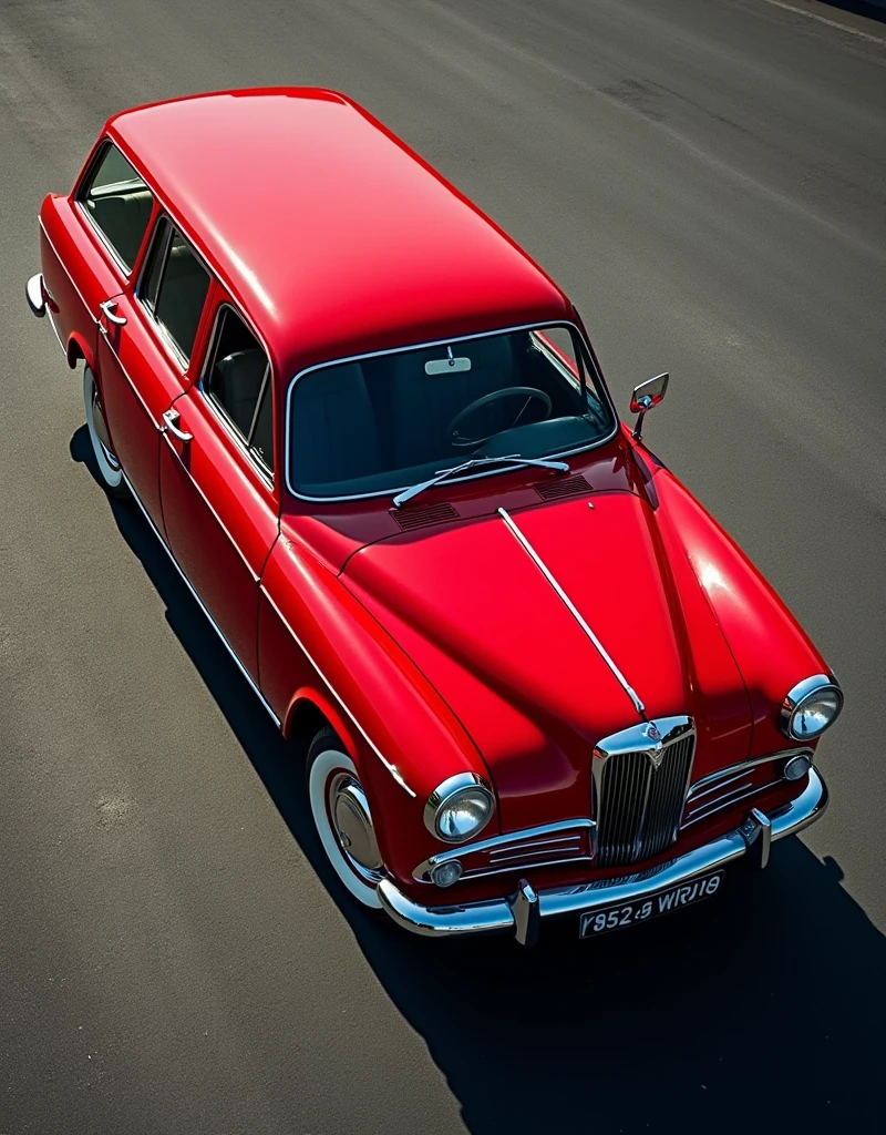 bold lines, classic design, glossy polished red paint, chrome trim, dynamic headlights, rounded chrome bumper, white belt tires, chrome hubcaps, Simca Chambord Jangada 1960, four-door model, (classic station wagon car Nv 9) photogenic, cinematic, dramatic, masterpiece, (RAW quality Nv 9) aerial view, 45º top-down view, dynamic view, full body,