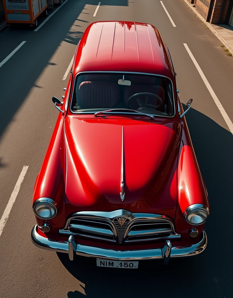 bold lines, classic design, glossy polished red paint, chrome trim, dynamic headlights, rounded chrome bumper, white belt tires, chrome hubcaps, Simca Chambord Jangada 1960, four-door model, (classic station wagon car Nv 9) photogenic, cinematic, dramatic, masterpiece, (RAW quality Nv 9) aerial view, 45º top-down view, dynamic view, full body,