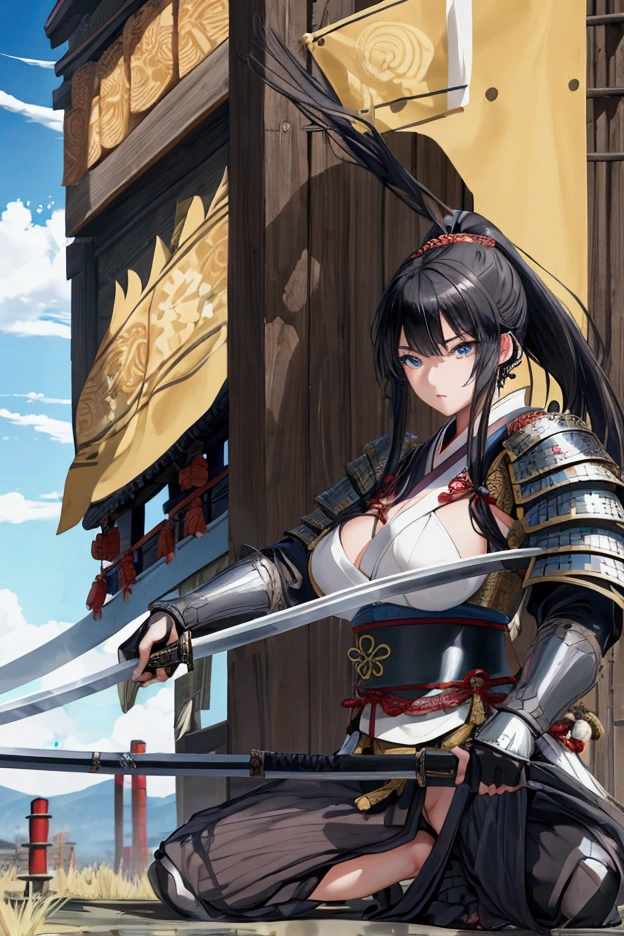 (Japanese women)、(Warrior Princess)、(Goddess of War)、(Black Hair)、(ponytail)、(Old Japanese Armor)、((Holding the Japan sword))、(True to prompts)、(Deluxe)、(Glaring with sharp eyes)、(Super big breasts),(battlefield)、(grassland)、((A large number of soldiers))、(sunny)、(blue sky)、(Best lighting)、{{{Browsing Caution}}}、{{{masterpiece}}}, {{{Highest quality}}}, {{ultra-detailed}}, {{shape}}, {{{Very delicate and beautiful}}},{{extremely detailed CG}}、{{unity 8k portrait}}、{{Fabric Shading}}、{{super detailed skin}}、{{Perfect Anatomy}}、{{detailed}}、{{Dynamic Lighting}}、{{{beautiful detailed eyes}}}、{{{beautiful detailed Face}}}、(Perfect Legs)、(Perfect breasts)、(Perfect pose)、(Perfect body)