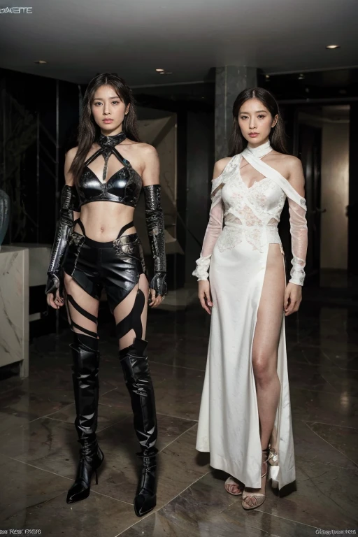 ridiculous,Dramatic,Ms. Arav in futuristic combat uniform,2 female warriors,Very detailed details of the face,Real skin texture,HD Skin,Standing in a room filled with futuristic mechanical items, Still image of Prometheus, Pageant rendering, Mechanical Elf, Luxury, Shoulders visible, Network mode, Still frame from movie - ar 16:9