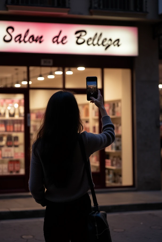 A lady on the street , front a beautyshop( You can see the lady from behind and you can see the sign where it is write " SALON DE BELLEZA" sHe is holding the phone in his hand pointing towards the display case.(as if I like she recording with the mobile camera