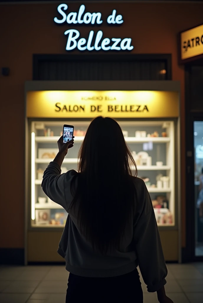A lady on the street , front a beautyshop( You can see the lady from behind and you can see the sign where it is write " SALON DE BELLEZA" sHe is holding the phone in his hand pointing towards the display case.(as if I like she recording with the mobile camera