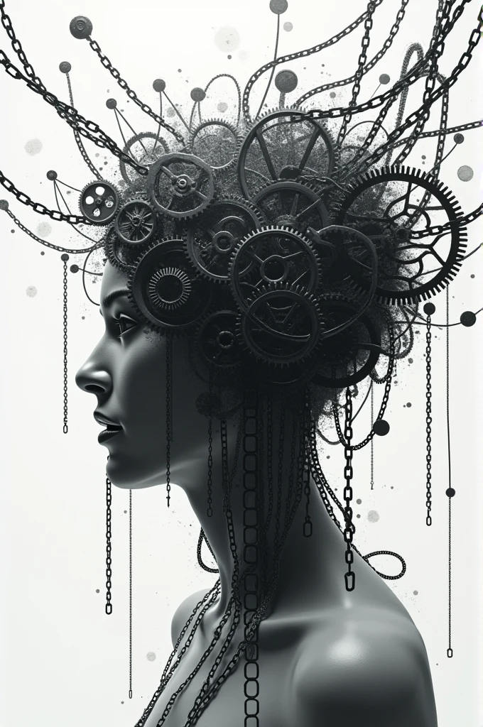 Many gears inside a silhouette of chain or rope forming a brain with other more chain outside. Make more interesting