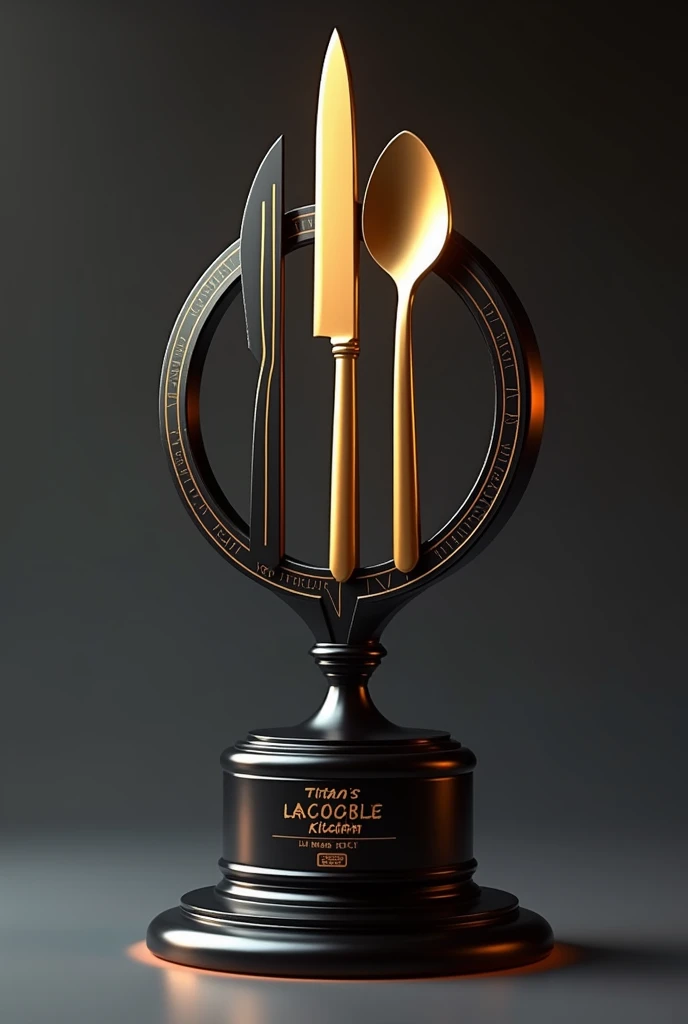 "Create a modern trophy, elegant and spectacular, designed for a cooking contest. The central element of the trophy must represent a kitchen utensil., like a chef's knife and spoon, with stylized and dynamic details that reflect culinary skill and creativity. The title 'TITAN'S LEGACY KITCHEN' must be clearly visible on the base or integrated into the design. The cookware and base should be finished in matte black and gold., providing a luxurious and contemporary look. The base of the trophy should be circular and elegant., complementing the overall black and gold design. The design should emphasize a futuristic and sophisticated style, focused on the kitchen utensil and base. Make sure the entire trophy looks like a realistic 3D printed object with intricate details and futuristic textures.