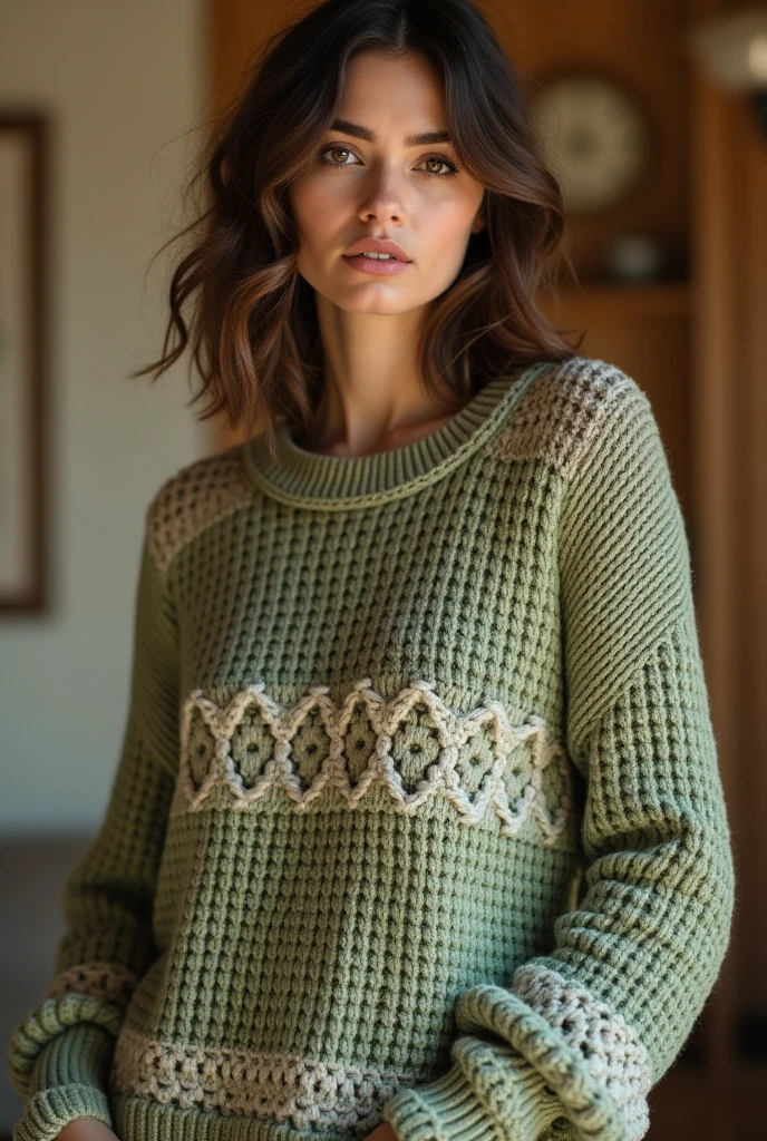 Create a sweater with green and khaki crochet figures