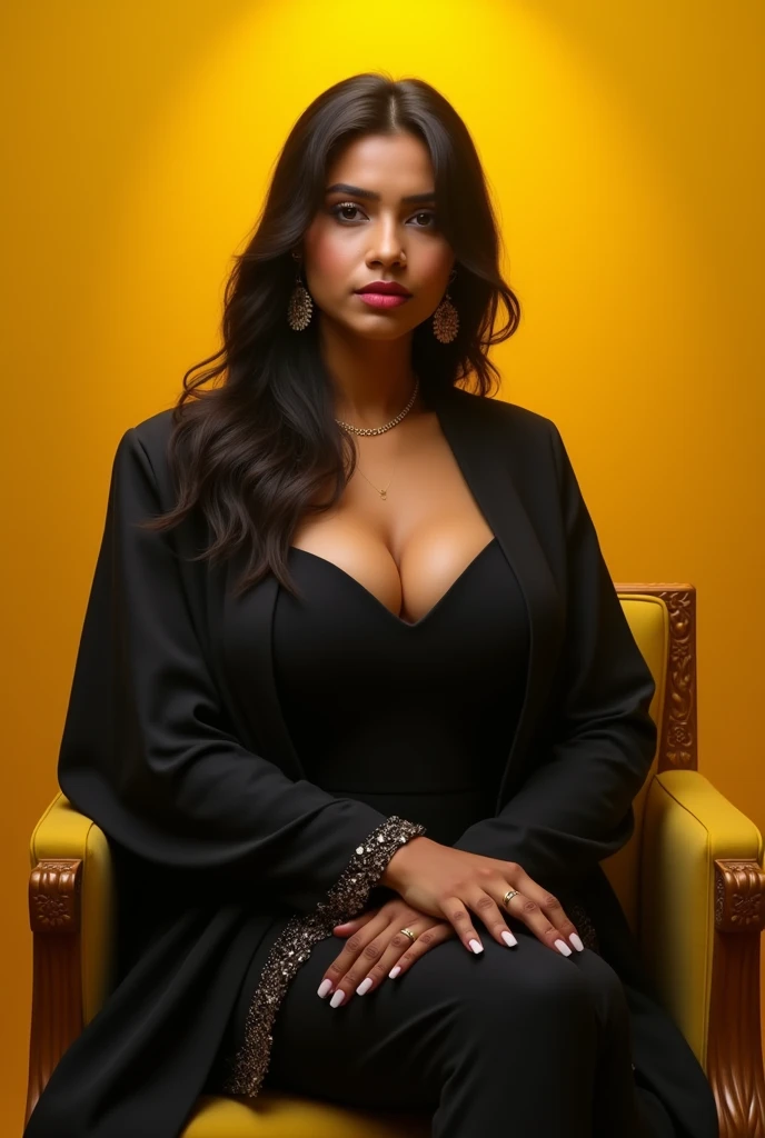 wearing black full body Academic regalia (big breasts 1.2,butt ) beautiful sri lankan wealthy girl foward sit in chair( indian yellow color)
