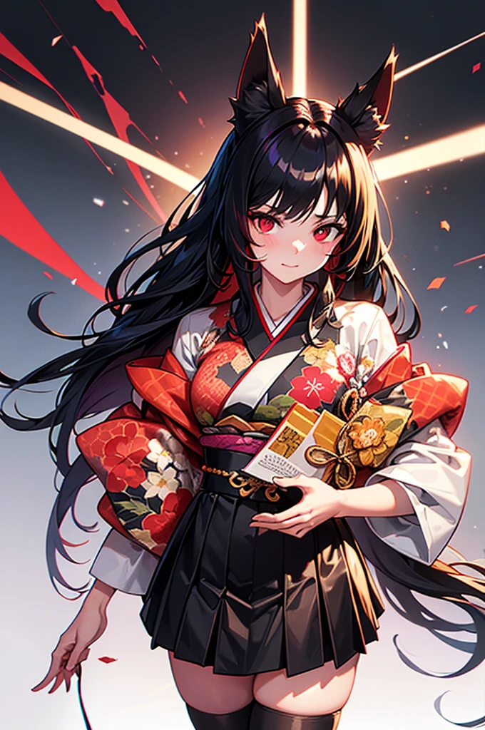 a beautiful detailed girl with long black hair and red eyes, wearing a ponytail, wolf ears, and a simple background, extremely detailed, anatomically correct, best quality, ultra-detailed, highly detailed model, high quality, very detailed, super high resolution, realistic skin texture, red hair with gradient color hairstyle, breasts, fluffy tail, red eyes, golden eyes, wearing a kimono, thigh-high socks, miniskirt, heterochromia