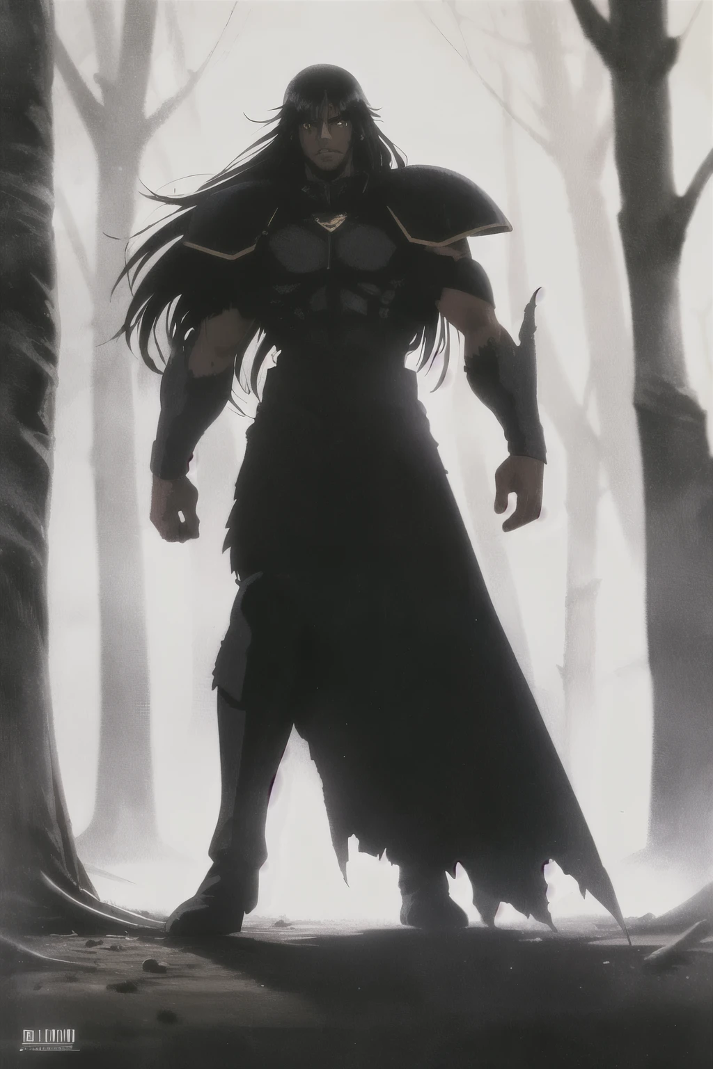 1 Dark-skinned man with yellow eyes, black long hair , black armor ,black bearskins on his shoulders and a torn cape, walking in a shadowy forest ,red sword in his hand 1980s \(style\), full body, (Highest quality,Ultra-high resolution)
