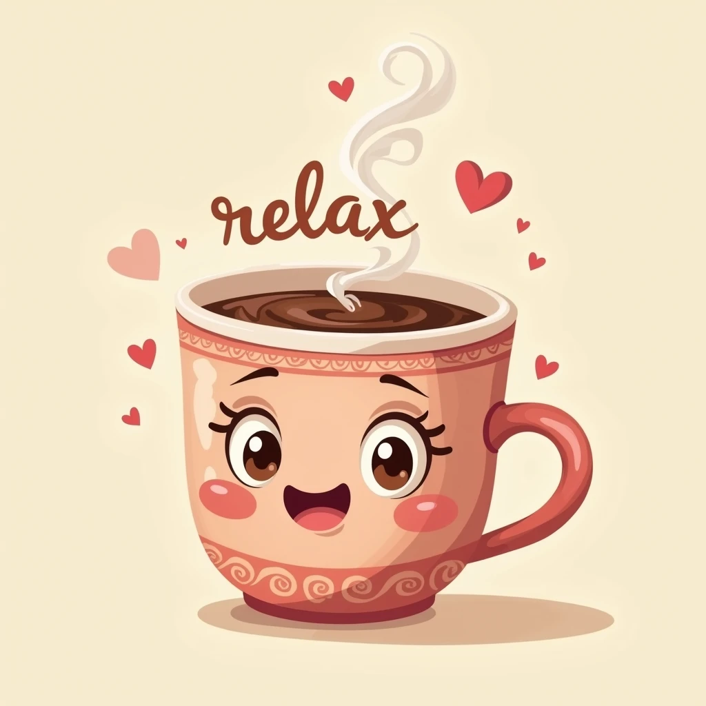 A cute coffee cup with big, round eyes and a warm smile. The steam rising from the cup forms the word “Relax” in cursive. The cup is decorated with tiny hearts and a small, playful swirl pattern around the rim