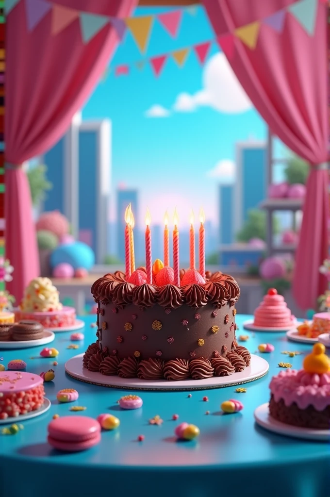 A chocolate birthday cake on a bright blue tablecloth with various types of sweets around the cake on the table and a backdrop around it with birthday decorations, curtain around the table and futuristic scenery