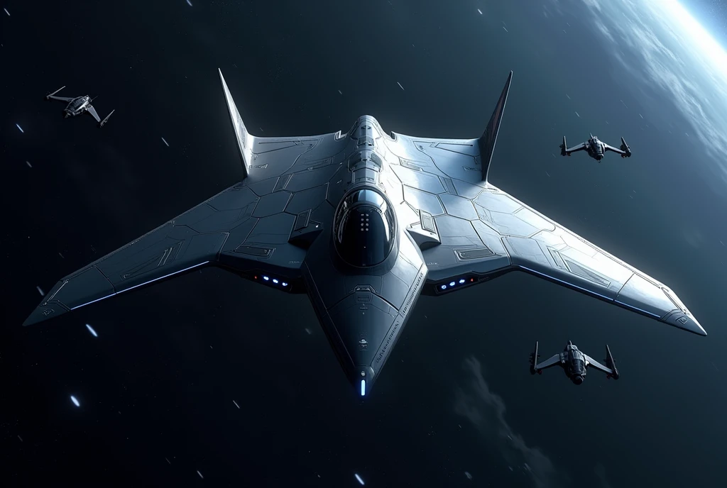 Hyper-advanced 7th generation space-capable stealth fighter, absolutely no vertical stabilizers or tail surfaces of any kind. Perfectly symmetrical flying wing design with ultra-smooth blended body. Extremely low-observable shape with faceted surfaces and no visible joints or seams. Completely flat upper and lower surfaces with no protrusions. Unmanned, no cockpit visible. Ultra-black light-absorbing coating with subtle hexagonal pattern. Retractable weapon bays seamlessly integrated into the wing-body. Quantum AI core hidden within. Swarm of small stealthy drones in symmetrical formation around the craft. Advanced space propulsion system with faint blue glow at rear edges only. Self-repairing smart skin with uniform texture. Holographic displays projected internally. Flying in deep space with Earth as a small blue marble in far background, surrounded by vivid starfield. Photorealistic, highly detailed, dramatic lighting emphasizing stealth contours, 8K resolution, front three-quarter view showing perfect bilateral symmetry and sleek, tailless profile.