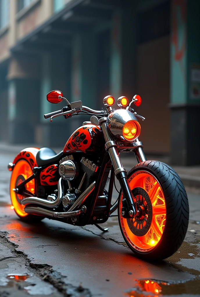 Chopper motorcycle painted black with red flames and a skull in the paint