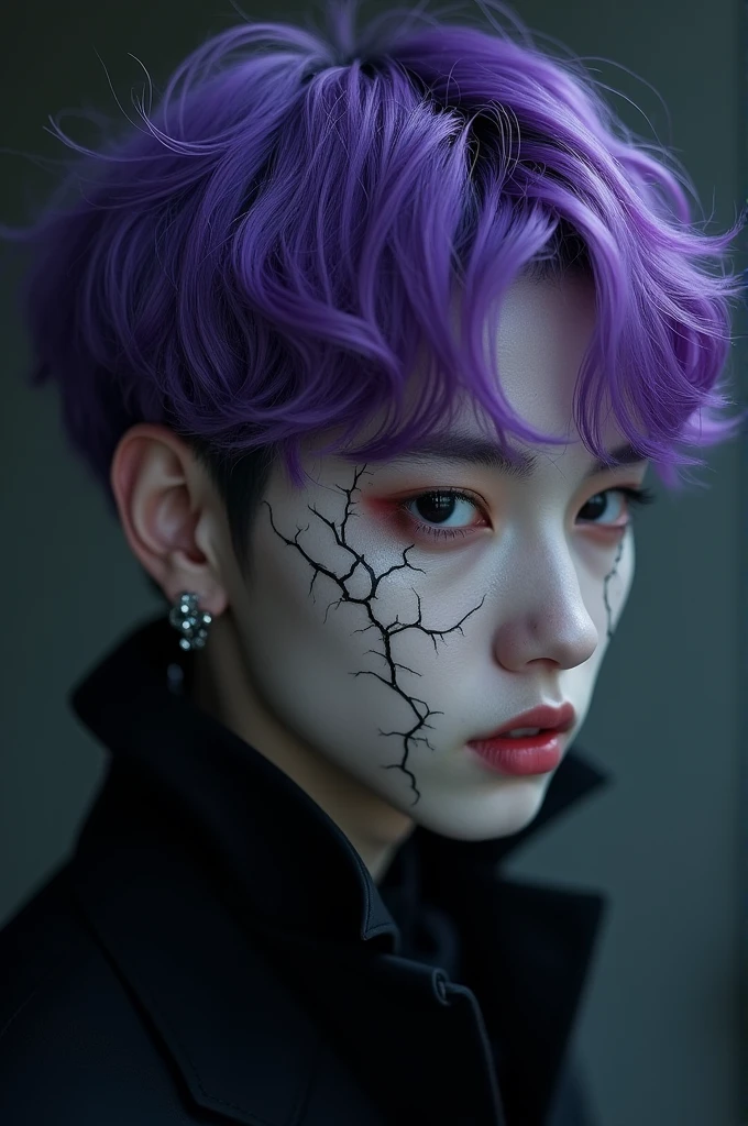 Min yoongi with purple hair, black eyes and cracks on his body 