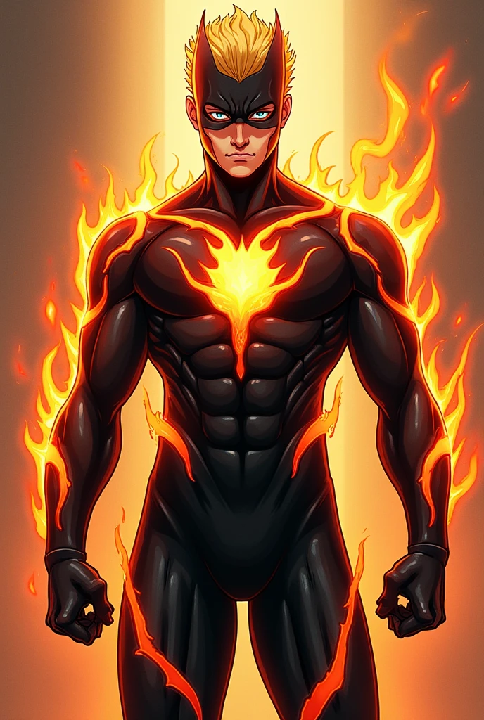 Make me a superhero whose suit is black with fire details, that has a flame-shaped emblem and a mask. In the anime version you can see his hair and mouth without a cape and he is looking straight ahead.