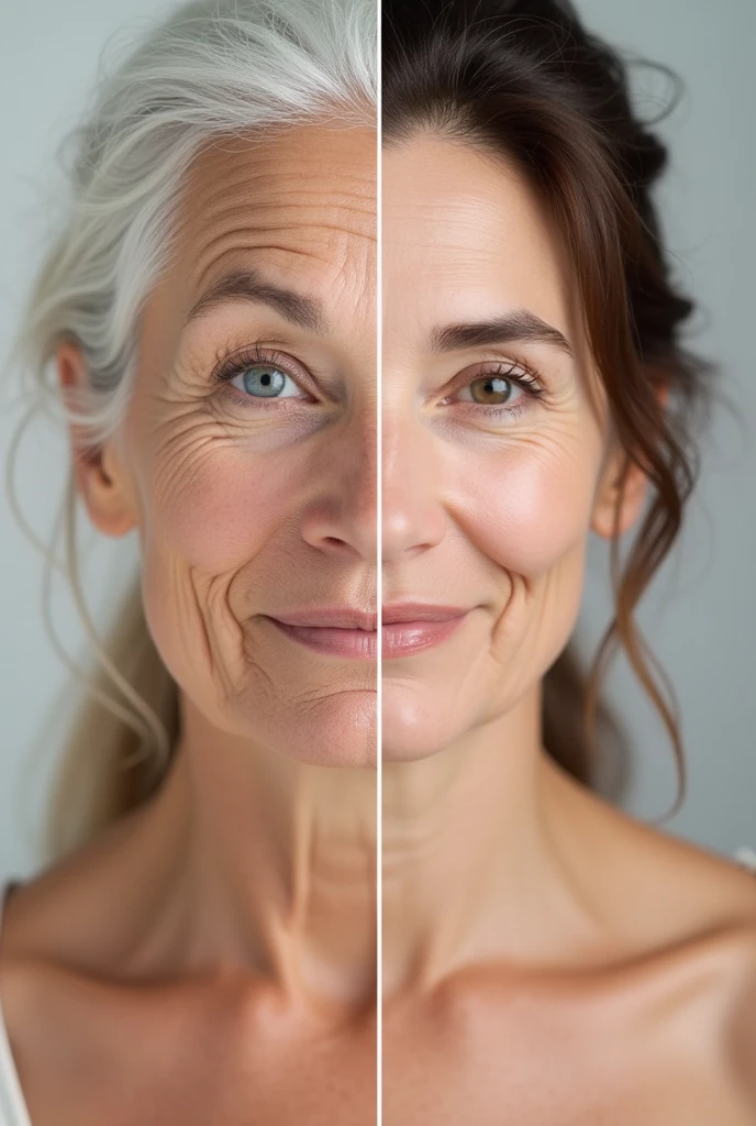 an image showing the difference between a person with wrinkled skin without treatment and another with a person who undergoes treatment with skin products