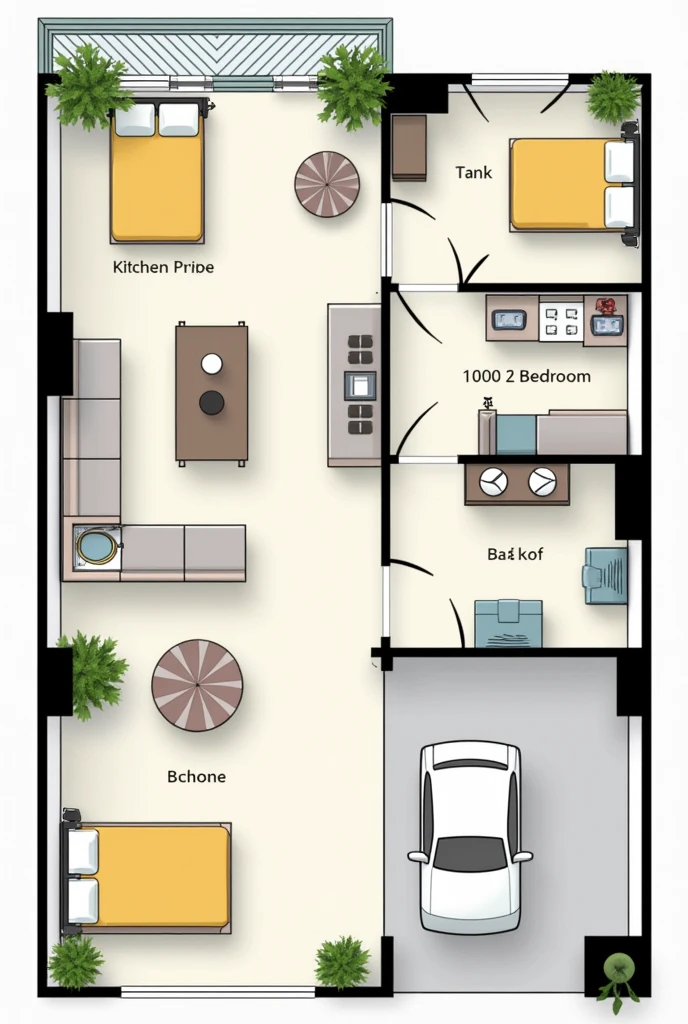 Create a floor plan which have 2 Bedrooms, 1 kitchen, 1 garage, 1 Hall, 2 Bed Room and it is a 100×100m^2