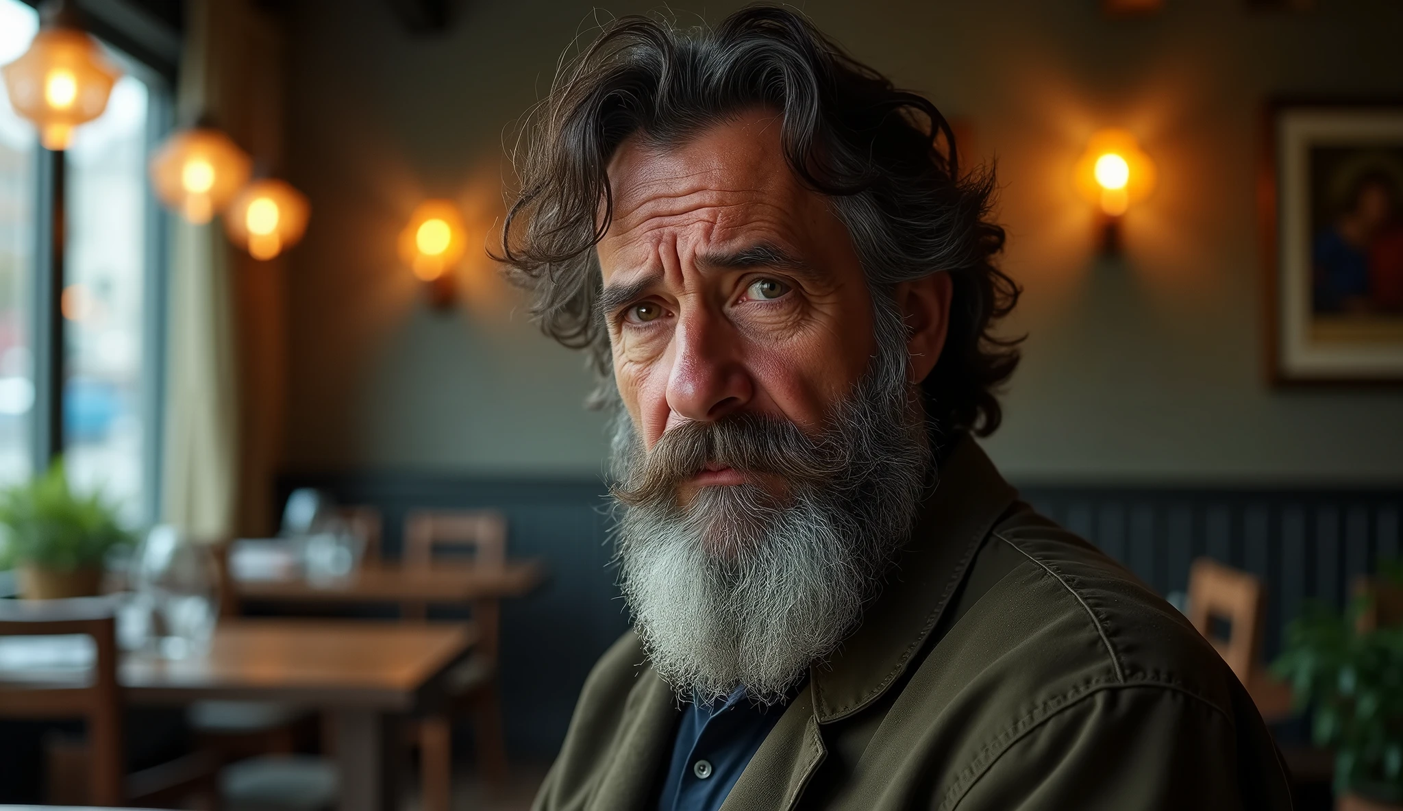 Ultra-realistic portrait of a man in his 50s, the main subject of the picture. He must have brown eyes and dark brown dyed hair, large and unkempt, his face has a dyed beard, large and unkempt. He has a dejected and sad expression, looking directly at the camera with an air of humility. He is dressed as a garbage collector. He is in an indoor environment, suggesting a sophisticated restaurant, with natural light coming from the side, creating a soft effect that creates diffuse shadows, highlighting the texture of the skin and the brightness of the eyes, and emphasizing the angular features of the face. The background should be wide and blurred, creating a sense of depth, with bokeh lamps and everything that makes up the ambiance of a sophisticated restaurant, without taking focus away from the main subject. The image should convey a warm and introspective feeling, with a touch of mystery and contemplation. The photo should capture extreme detail, with high quality 8k rendering, while maintaining the serene and enigmatic atmosphere. High quality photography, 8k rendering, extreme detail, realistic portrait, introspective atmosphere, soft and diffused lighting, natural light.