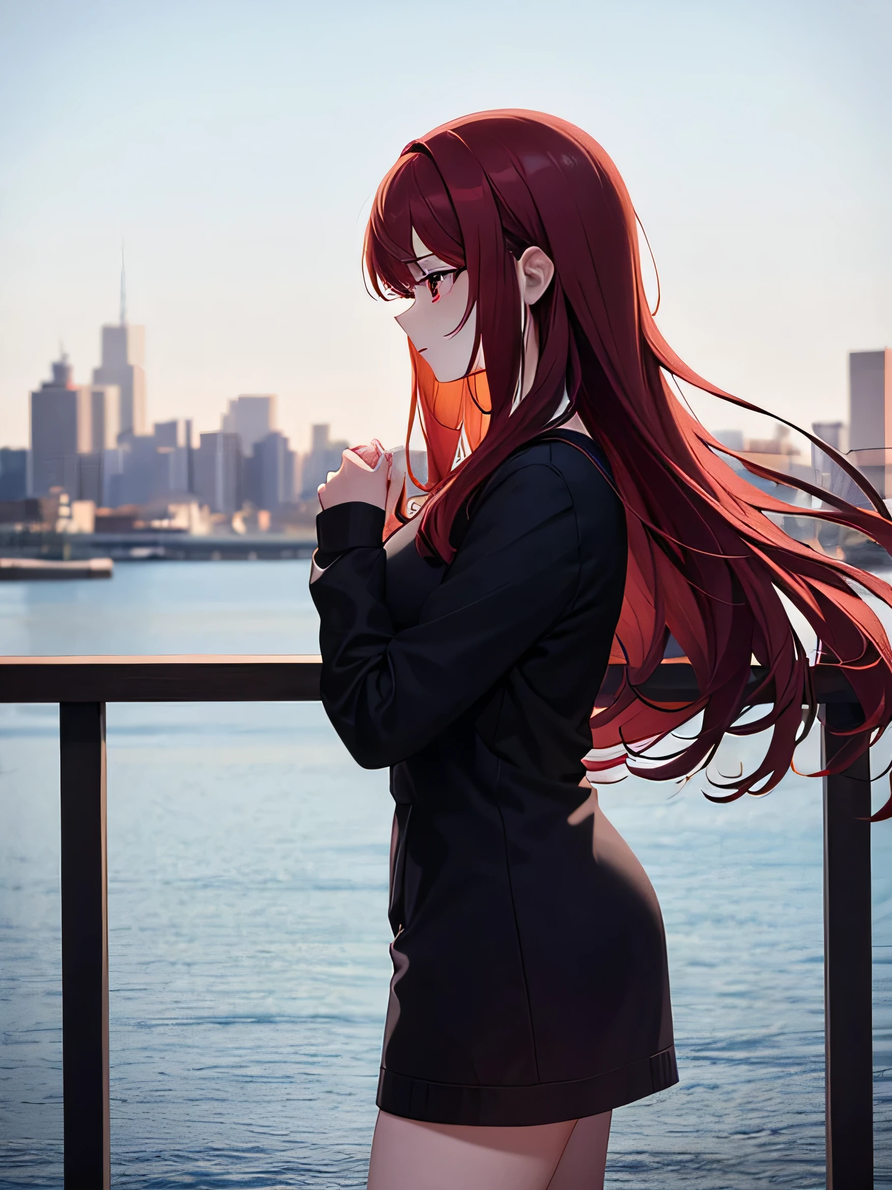 a 22 year old girl hugging her boyfriend. she has long red hair, red eyes. Her boyfriend has brown short hair and brown eyes, he looks into her eyes. View from the side