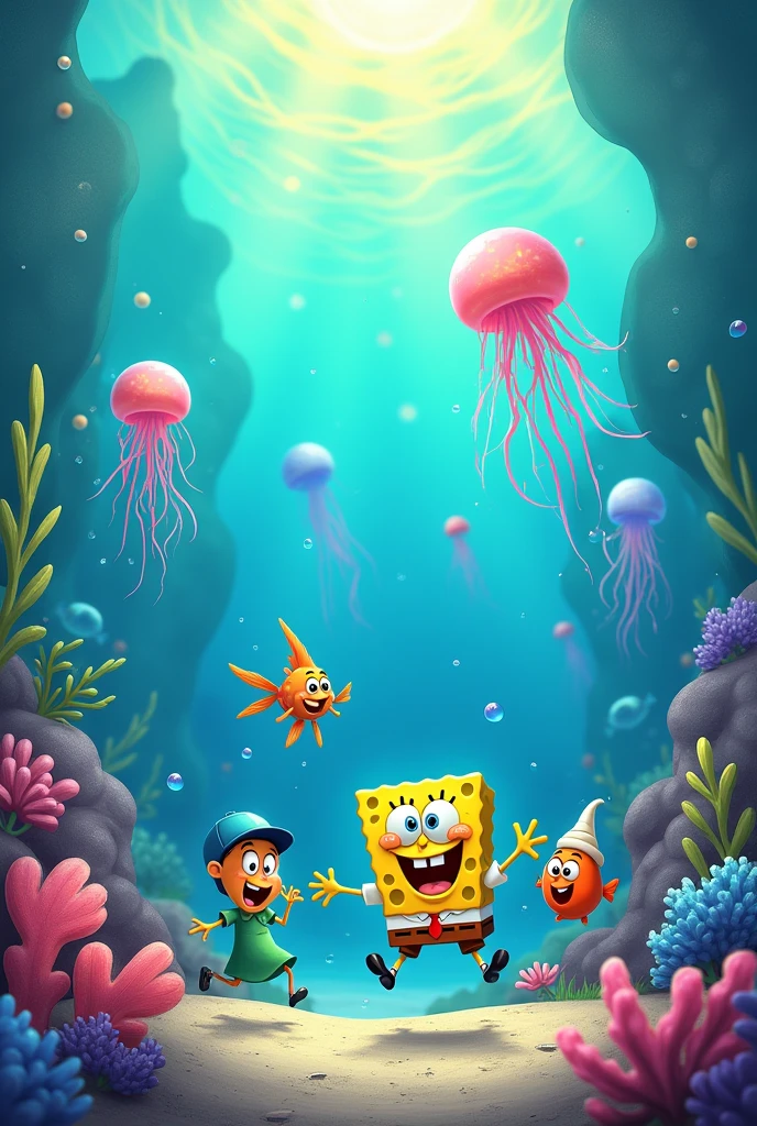 fishes and spongebob hunting jellyfishes under the sea