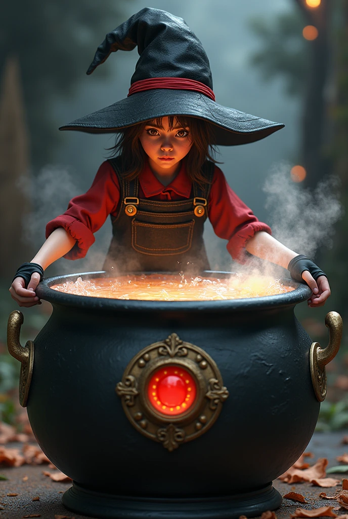 An Alchemist apprentice wizard wearing black gardening overalls over a red long-sleeved blouse, a white sneaker and a black hat with red pointy top and wears black fingerless gloves, make him make the transformation potion, he is in his magic cauldron, and your cauldron has a medallion with a red stone in the middle for decoration