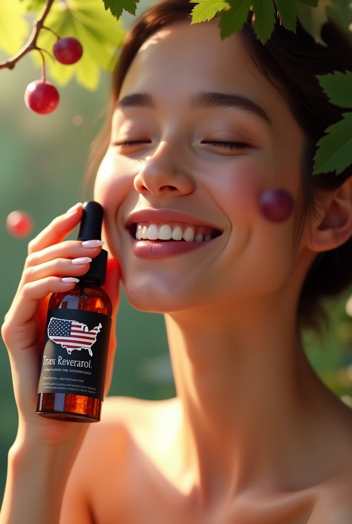 A woman with a happy face , doing your skin care,  in the scene there are grapes falling on her face, with a close-up capturing the translucent smoked dropper bottle with black label and gold letters reading trans resveratrol, the label contains the outline of the US map filled with the US flag.