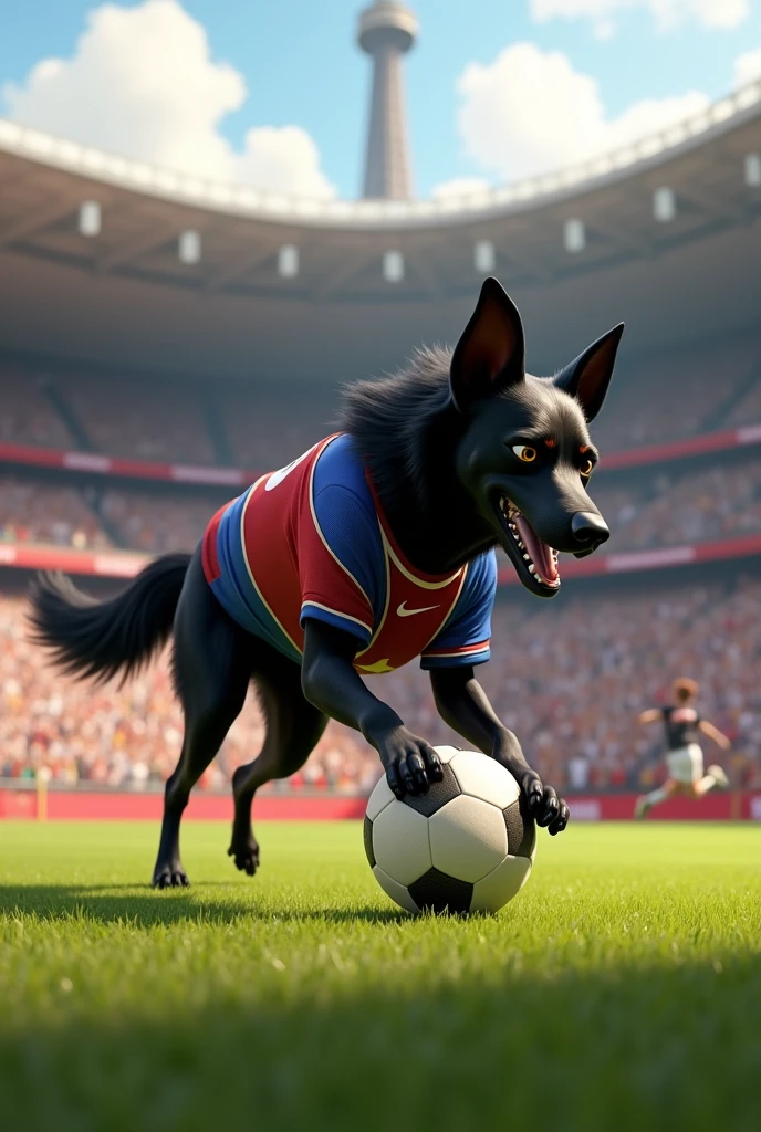 CREATE A BLACK DOG THAT LOOKS LIKE A BORDER COLLIE BUT ALL BLACK WITH NO WHITE AS IF IT WAS PLAYING FOOTBALL AT THE 2024 PARIS OLYMPICS WITH A DISNEY PIXAR STYLE DESIGN