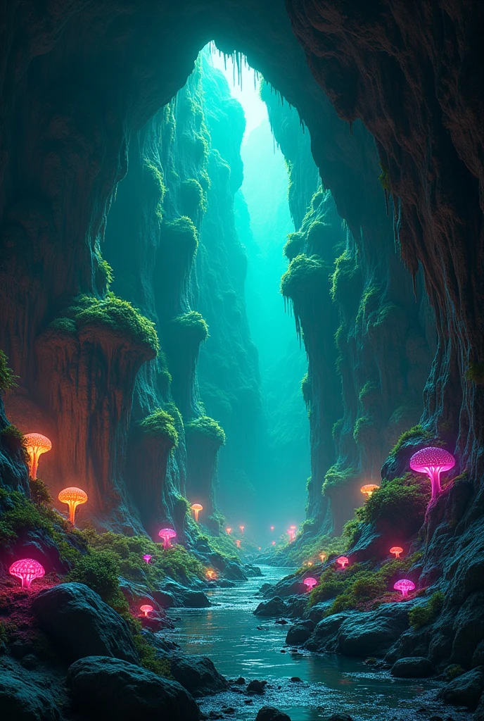 generates an image of a dark animated cave with vivid colors ( cafe, green)
more lively without people and more lively