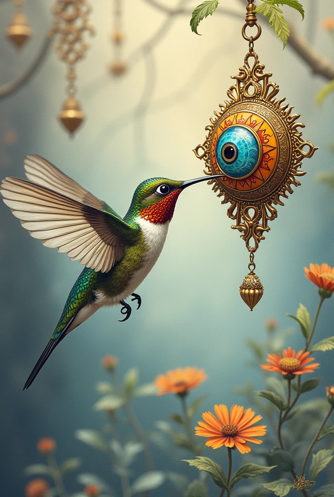 Make a drawing of a hummingbird and a Turkish eye 