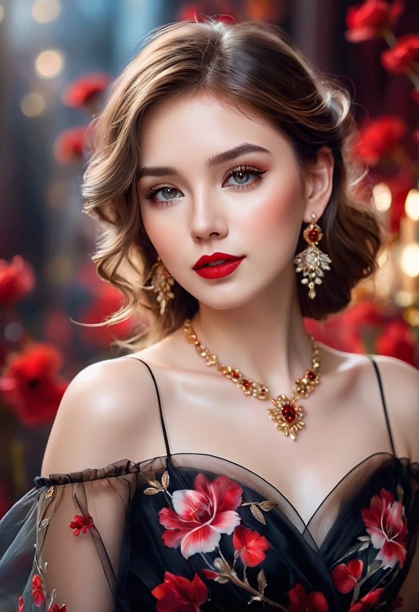 Watercolor-based paint, (((photo from the knees up))) a masterpiece. beautiful realistic woman, detailed face, crystal clear amber eyes, red lipstick, flowing brown hair, chiaro-dark side light, delicate earrings and necklace, black and red organza floral dress, exposed shoulders, flower background, stunning image, toned background bokeh background, UHD.