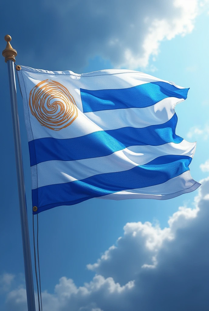 image of a flag with blue and white stripes and a curled sun in the corner