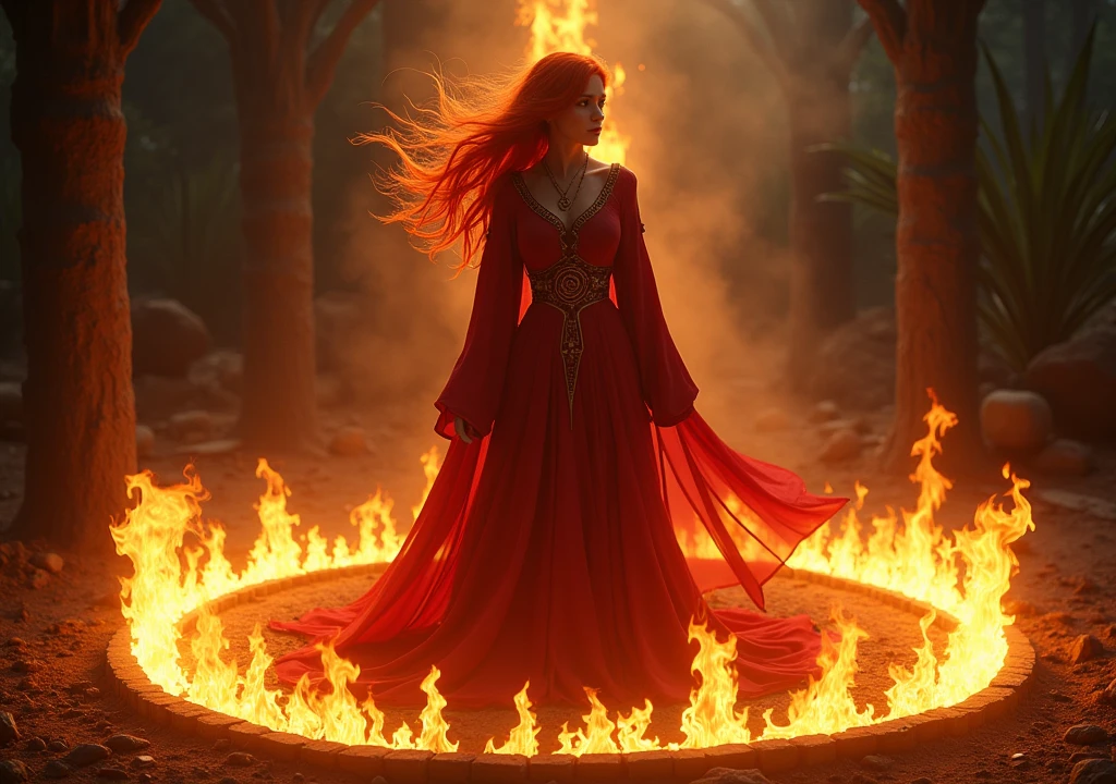 red-haired woman,in red clothes in a circle of fire on the ground,deep in the darkness 