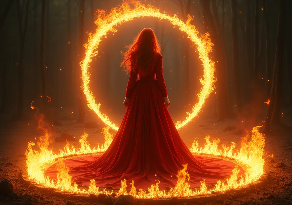red-haired woman,in red clothes in a circle of fire on the ground,deep in the darkness