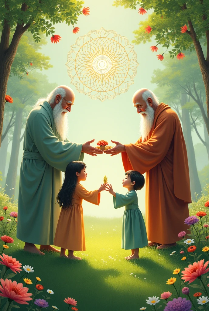 Ancestors walking towards the future handing something to children on a green lawn,  I prosper with flowers, relaxing mandalas 