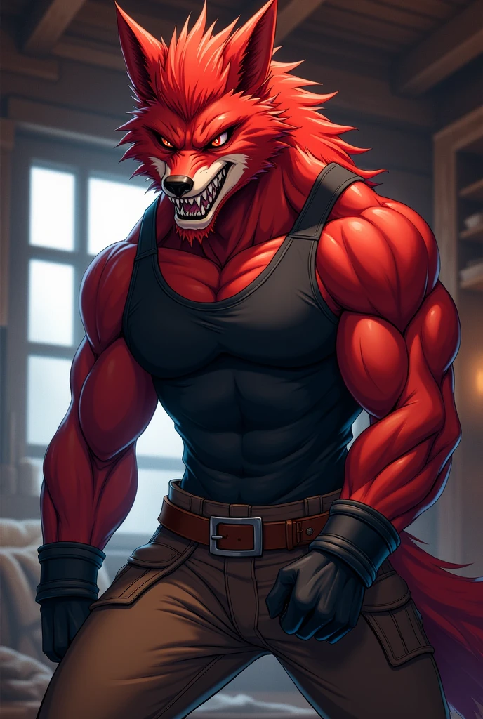 red furry werewolf brave anime character,hunky 、Wearing a black warrior top, black gloves, and brown adventurer pants,Has red-black hair and red eyes,Crisp short hair,Grinning,Sharp eyes,Inside the wooden house with dusk in the background