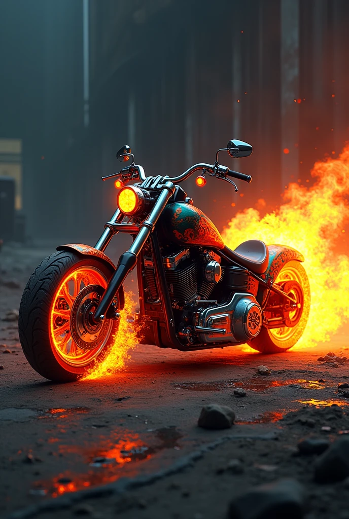 Moto chopper painted with roaring flames