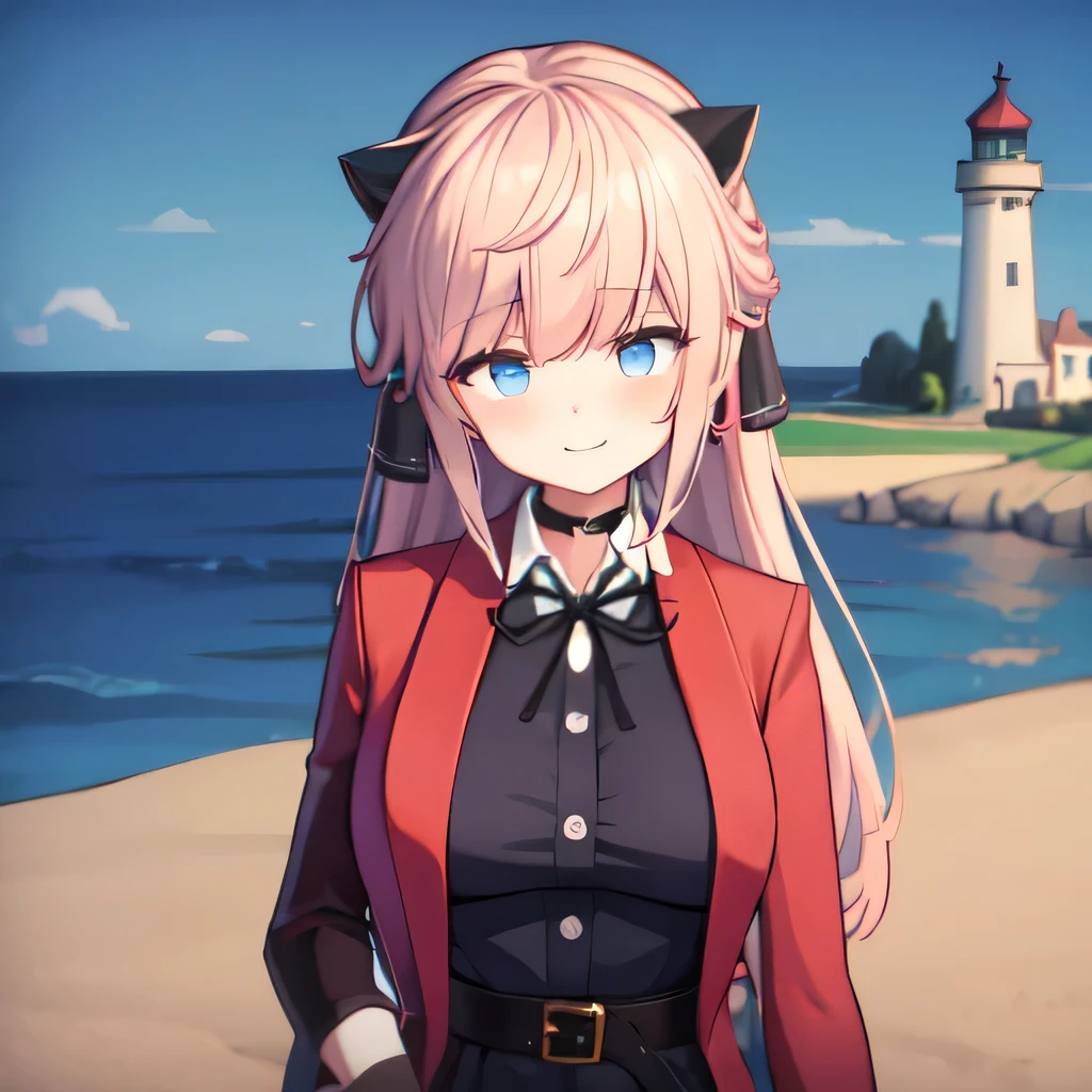 ((masterpiece)),(best quality),official art,extremely detailed CG,unity 8k wallpaper,ultra detailed,A lighthouse on a cliff by the sea,1girl,solo,upper body,(portrait:1.2),looking at viewer,Vivi(v atmi),neck ribbon,blue eyes,shirt under dress,hair ribbon,horns,long hair,white_button,smile,collared shirt,black thighhighs,red coat,choker,black gloves,pink hair,black ribbon,black belt,white shirt,large breasts,bangs,zettai ryouiki,black dress,black footwear,boots,long sleeves,sidelocks,