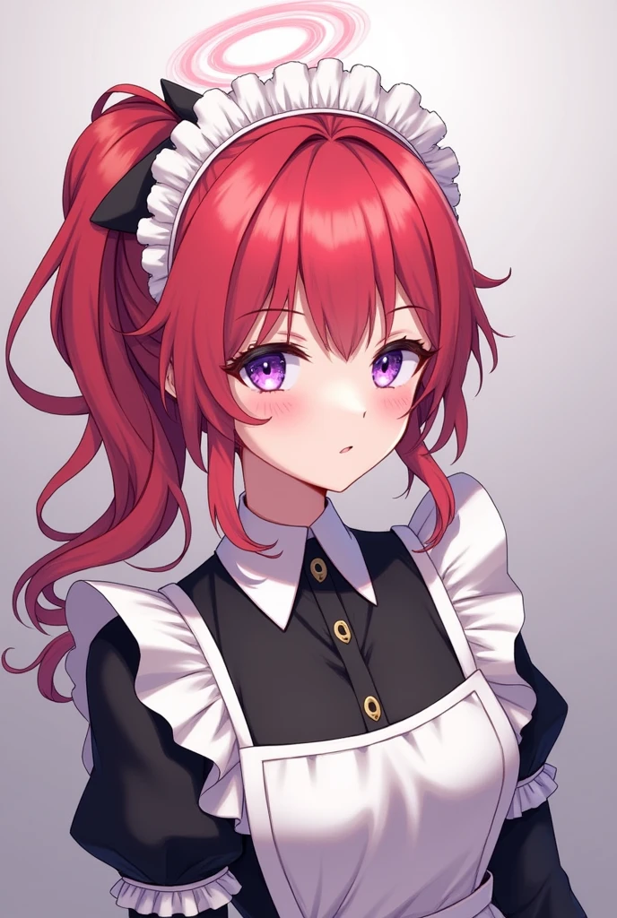 masterpiece,(best quality, illustration,detailed face:1.3),(1girl,solo:1.3),beautiful detailed eyes,  apron, gradient_background, gradient, maid, purple eyes,red hair,small breasts,, BREAK, enmaided, white_apron, black_dress, ponytail, black_footwear, frilled_apron, dress, maid_apron, alternate_hair,very long hair, split_ponytail, halo 