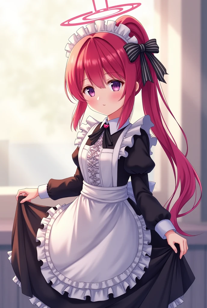 masterpiece,(best quality, illustration,detailed face:1.3),(1girl,solo:1.3),beautiful detailed eyes, apron, gradient_background, gradient, maid, purple eyes,red hair,small breasts,, BREAK, enmaided, white_apron, black_dress, ponytail, black_footwear, frilled_apron, dress, maid_apron, alternate_hair,very long hair, split_ponytail, halo