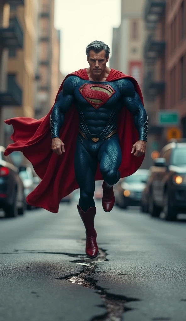 **The 50-year-old man gray hair, now transformed into Superman, prepares to land on the street below. As he descends, he notices a visible crack in the pavement, adding a dramatic touch as he braces for impact with his iconic cape flowing behind him.**