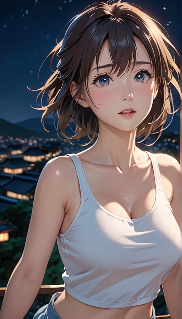 masterpiece, High resolution, figure, Kyoto Animation Style, Your Name Movie Style, night, mid-night, Light, (1girl:1.3), (alone:1.4), Long eyelashes, messy hair, medium hair, (tank top), (((in heat, aroused, wishful))), ideal ratio body proportions, sagging breasts, from above, {{{{vulgarity}}}} big breast , the nipple pops out , naughty pose,