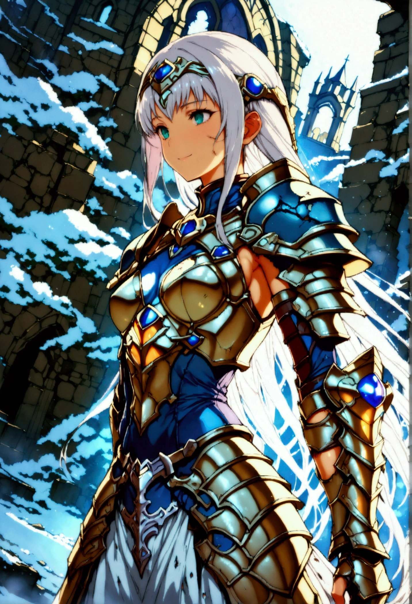 (Lenneth from 'Valkyrie profile':1.4), BREAK: bright_gold_trimmed_sapphire_blue_plate mechanical_armor, (damaged chest armor exposing skin:1.3), glowing sword raised in victory, thigh cutout, long skirt, (heelless sapphire armored boots:1.37), BREAK: (wide angle:1.4),(full length portrait:1.37), standing, contrapposto stance, light smile, magical castle ruins, fluffy snow falls, BREAK: detailed face, detailed hands, (16k, absurdres, masterpiece, best quality), fantasysword, wings on hips, F41Arm0rXL