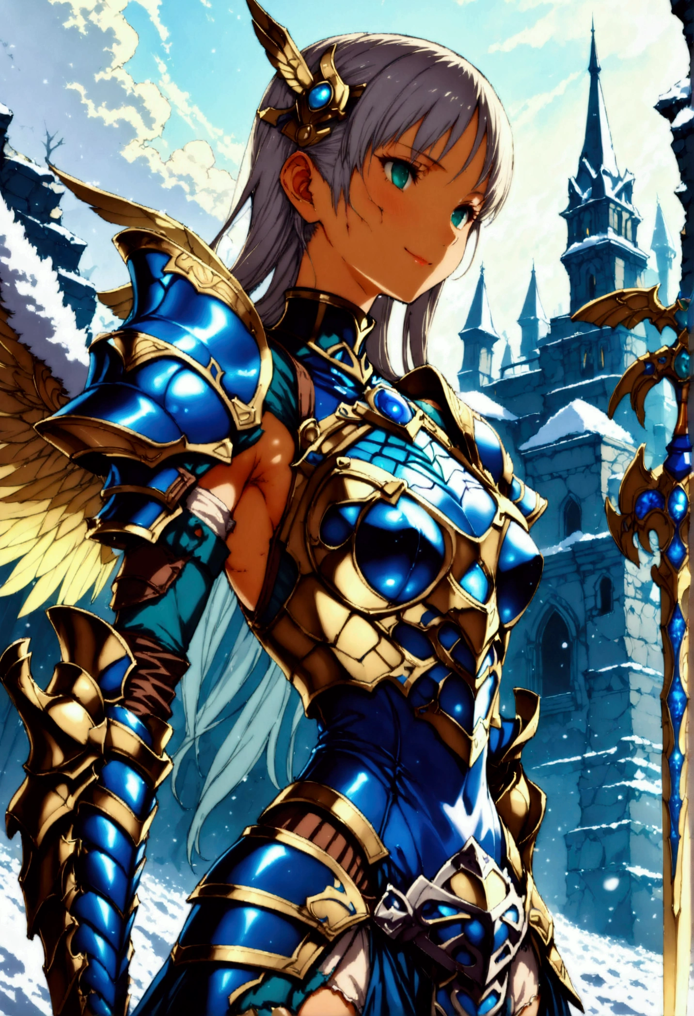 (Lenneth from 'Valkyrie profile':1.4), BREAK: bright_gold_trimmed_sapphire_blue_plate mechanical_armor, (damaged chest armor exposing skin:1.3), glowing sword raised in victory, thigh cutout, long skirt, (heelless sapphire armored boots:1.37), BREAK: (wide angle:1.4),(full length portrait:1.37), standing, contrapposto stance, light smile, magical castle ruins, fluffy snow falls, BREAK: detailed face, detailed hands, (16k, absurdres, masterpiece, best quality), fantasysword, wings on hips, F41Arm0rXL