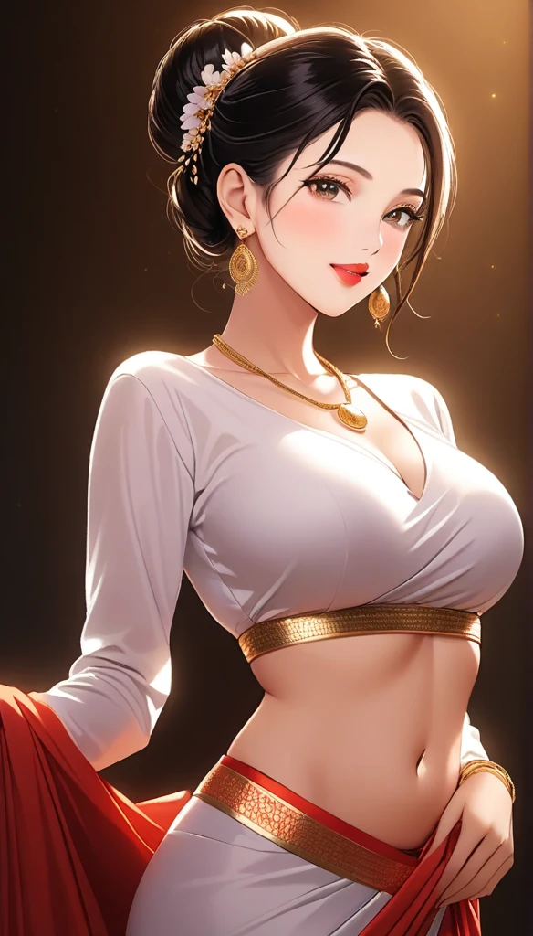 (1woman, mature, hair braid bun , full sleeve blouse,light light pink bold saree, long round bell earrings, detailed alluring eyes, smooth detailed lips, beautiful face, smiling, red lipstick, navel, bangles, saggy breasts, photorealistic, 8k, hyperdetailed, vibrant colors, studio lighting, masterpiece, cinematic composition, dramatic lighting, intricate details, highly realistic skin textures, volumetric lighting, beautiful intricate jewelry, warm color palette, natural lighting, elegant pose, beautiful detailed expression, hyper realistic rendering, seamless blending, flawless skin, glowing skin, delicate features, breathtaking realism, striking composition),tall , necklace, bangles ,navel,full body view,showing top to bottom, show legs , golden heels 
