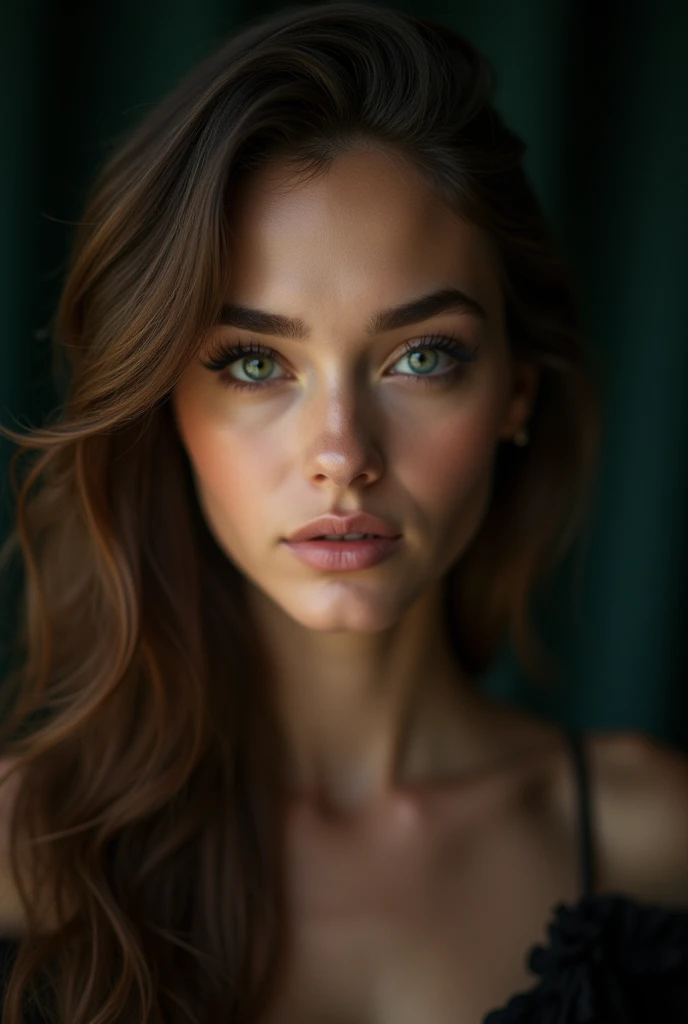 28 year old latina european women , high cheekbones, mysterious gaze, heart-shaped face, green eyes, hunter shape eyes, long eyelashes, full lips, small nose, brown traight hair, studio lighting