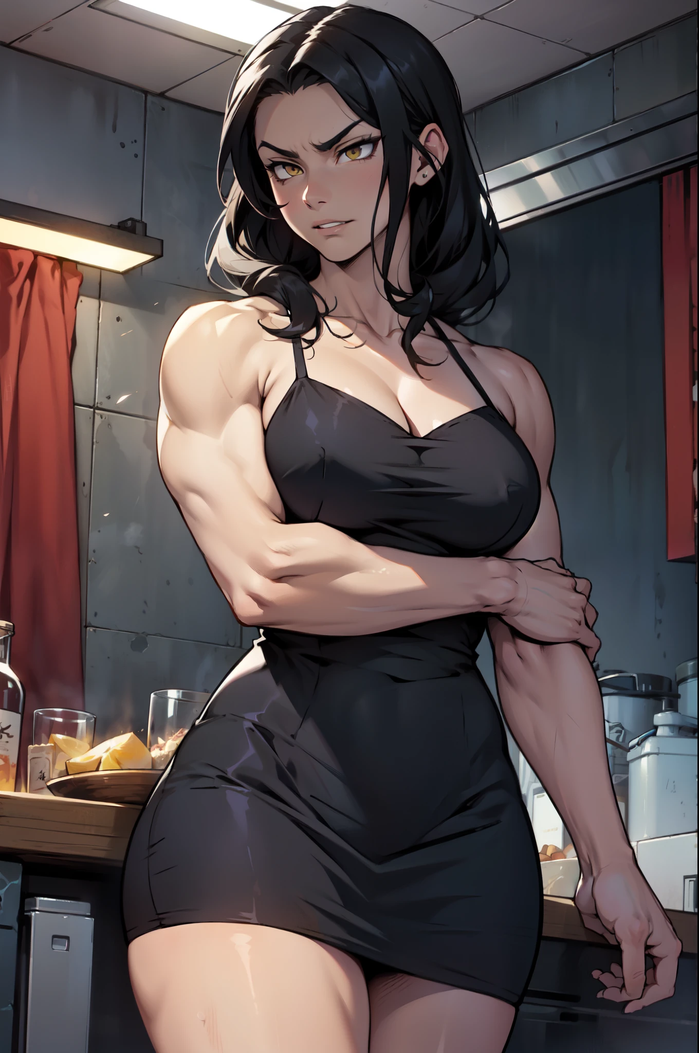 breasts huge muscles muscular girl black hair yellow eyes pale skin cocky smug confident expression smug confident expression silk black dress 