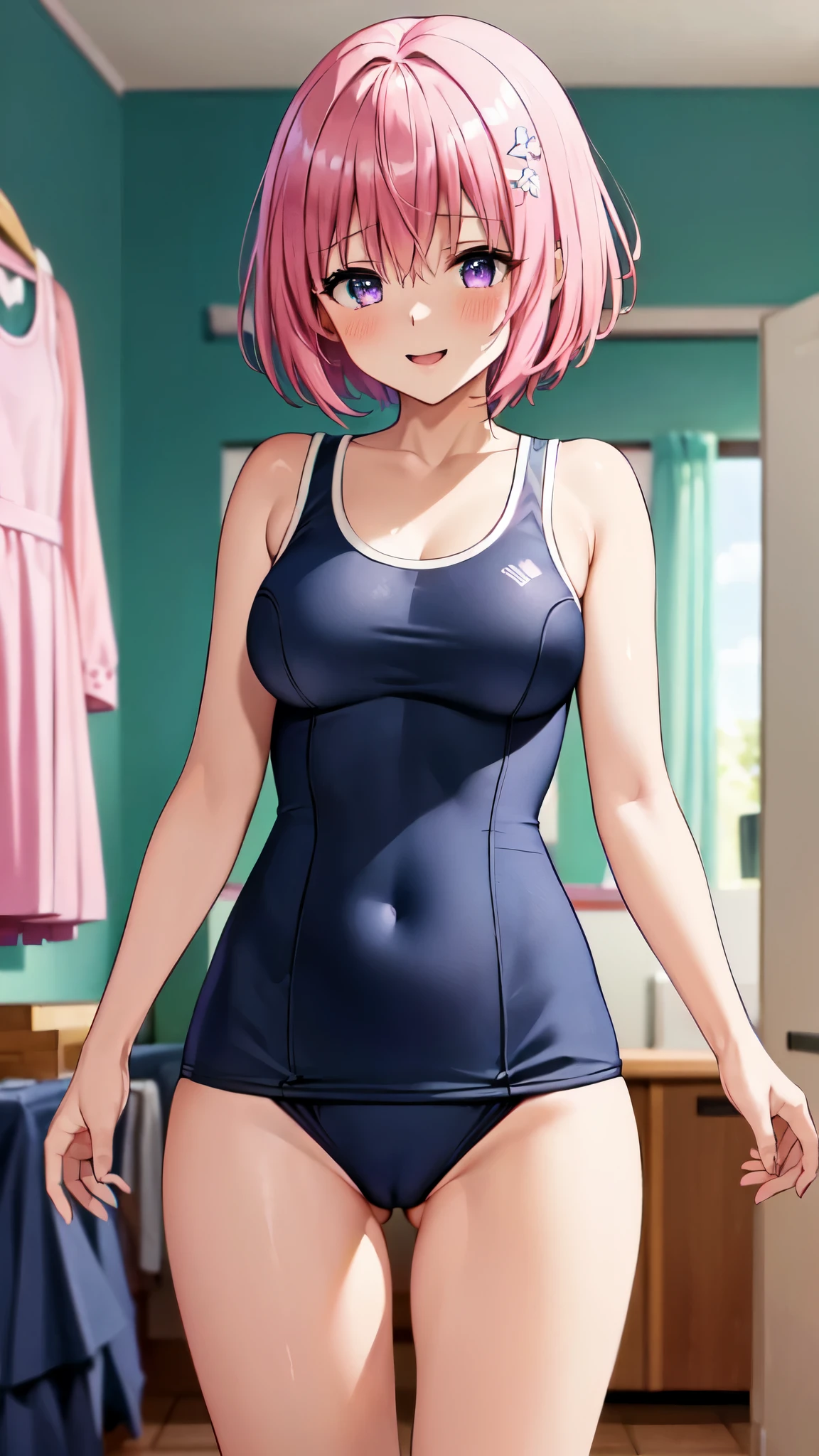 8k,Highest,quality,(highest quality:1.1), (masterpiece:1.4), (Confused:1.0), 
1 person, Deviluke Type, hair ornaments, Bobcut, Short Hair Pink Hair, Purple eyes, Narrow waist,medium breasts, ((Navy blue school swimsuit)), ((((In her room)))), (blush:1.2), smile,（Perfect Fingers）,Heavy breathing,((Pussy Line)),
