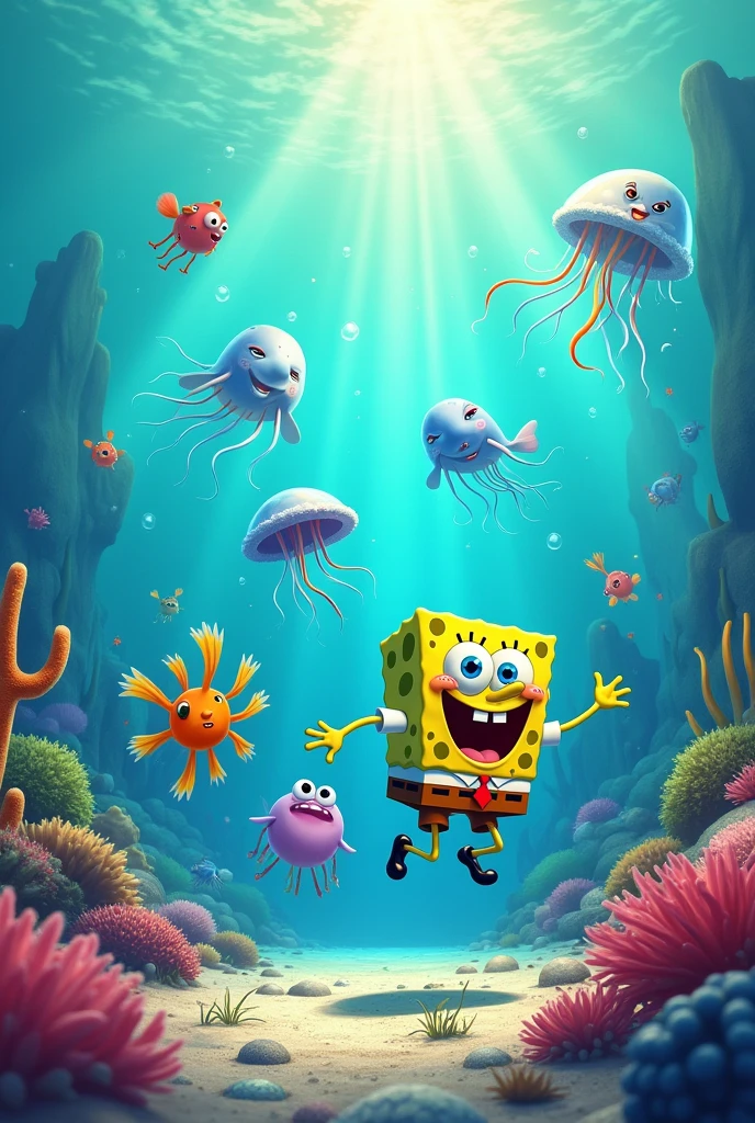 fishes and spongebob hunting jellyfishes under the sea