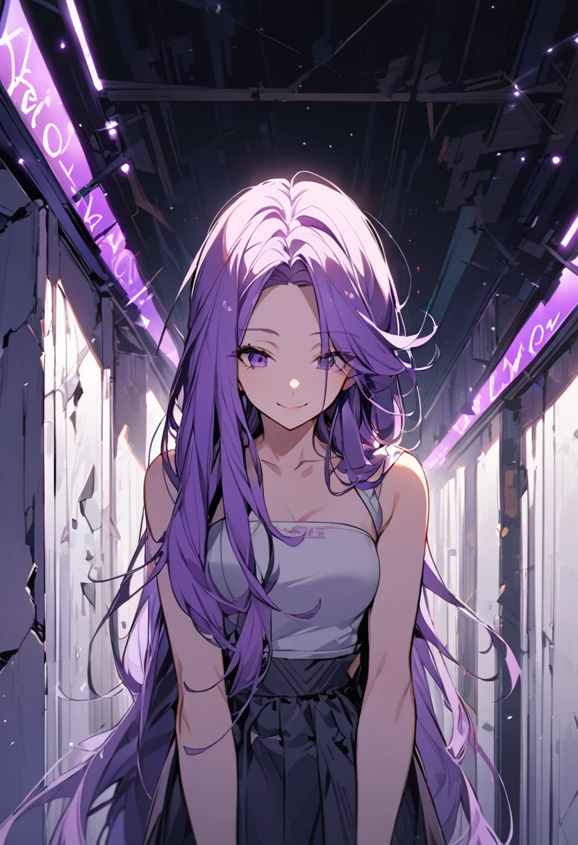 upright, A girl,Solitary, Hello, Purple hair, Long hair, Middle-parted bangs,Broken hair, Smile, , Tube Top Dress,Sleeveless standing,Slightly tilt your head