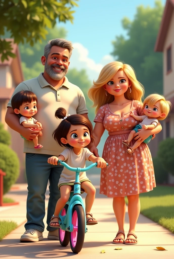 Image type dessin animé pixar d'une famille, blanche, papa yeux marrons cheveux poivre et sel un peu de ventre habillé en chino polo baskets. maman femme ronde blonde foncé yeux bleus habillée en robe fleuri sandales. Une  de 4 ans sur son vélo bleu ciel à roues roses, blonde aux yeux marrons. Et des fausses jumelles de 10 mois chacune dans les bras de leurs parents, une blonde claire aux yeux bleus l'autre blonde foncée aux yeux marrons.